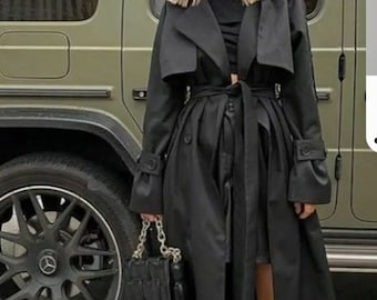 Eco leather trench coat, black leather trench, vegan leather trench