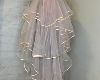 Blush ribbon veil, strip ribbon  edgel, blush veil, tired blush wedding veil, white tired ribbon  veil, waltz veil, blush pink veil, ribbon