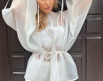 Chaqueta de organza transparente / Top tipo kimono blanco transparente / Blusa elegante con mangas globo / Traje de novia / Ropa de resort