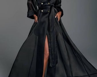 Organza schwarzer Trenchcoat, transparenter Trenchcoat, transparenter Trenchcoat, transparentes Kleid, Organzakleid