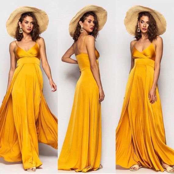 Yellow Satin off Shoulder Corset Prom Dress With High Slit. Custom