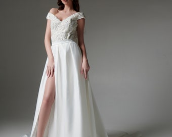 Front slit top corset , embroidered wedding dress, white wedding corset,  bridal corset, Rhinestone Embellished, open slit dress