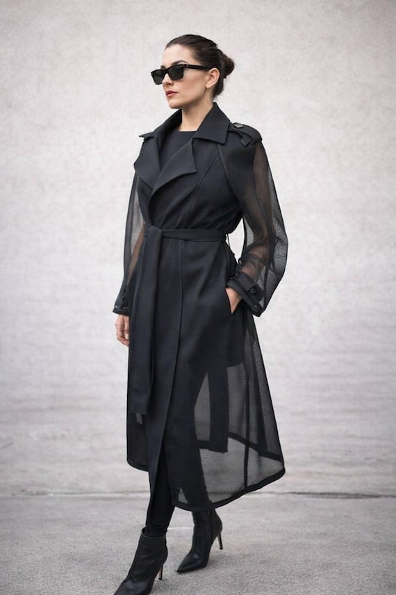 New!!!neoprene mesh black trench coat, transparent trench, black transparent trench coat, black cape