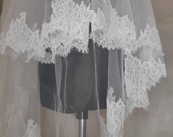 Floral Lace Two-Tier Wedding Veil - Soft Tulle, Elbow & Fingertip Length