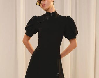 Black Mandarin Collar Mini Dress • Chinese Button Dress • Puff Sleeve QiPao Inspired Dress • Elegant Little Black Dress • Evening Party Dres