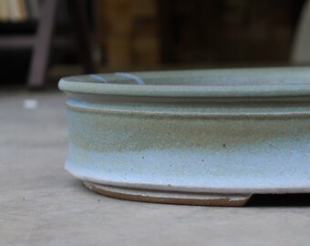 Bonsai pot oval 13 1/2" Stoneware with white, blue, green glaze layering