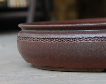 Bonsai pot oval 14" stoneware red glaze and subtle green tints