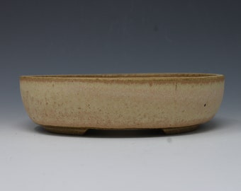 Bonsai Pot oval 6 1/4" Hand Made Stoneware yellow/brown/pink glaze