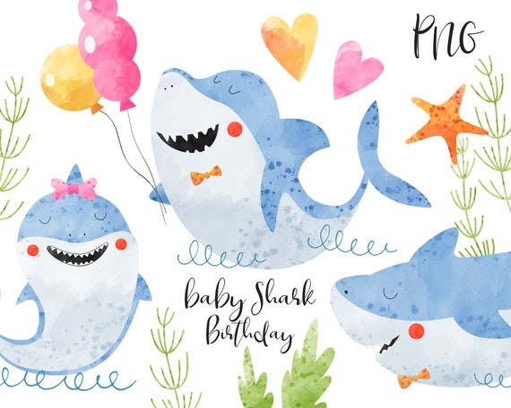 Baby Shark Birthday Watercolor Clipart Baby Shark Clipart Etsy