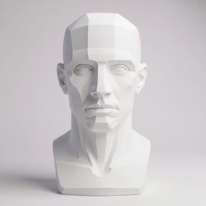 May include: A white, geometric sculpture of a human head and shoulders. The sculpture has a faceted design, with sharp angles and planes defining the features. The eyes, nose, and mouth are clearly defined, and the overall effect is a modern, artistic representation.