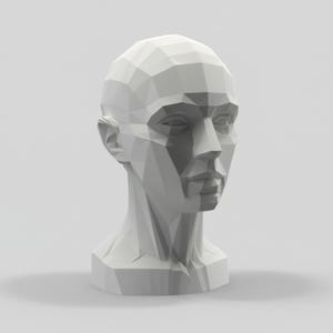 May include: A white, low-poly geometric sculpture of a human head and neck. The bust features sharp, angular facets that define the facial structure, including the eyes, nose, and lips, creating a modern, faceted appearance throughout.