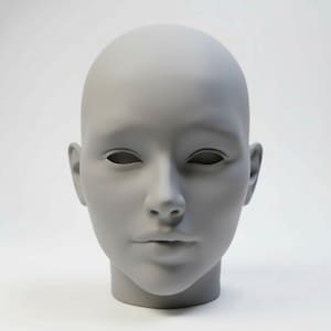 Könnte beinhalten: Ein grauer Schaufensterpuppenkopf mit glatter, matter Oberfläche. Der Kopf ist kahl und hat geschlossene Augen, eine definierte Nase und volle Lippen. Der Hals ist befestigt, und der Hintergrund ist weiß.