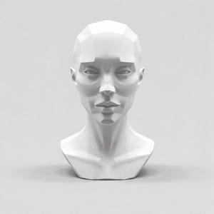 May include: A white, geometric bust of a human head and shoulders. The sculpture has a smooth, matte finish and is composed of angular planes, creating a faceted appearance. The bust is set against a plain, light gray background.