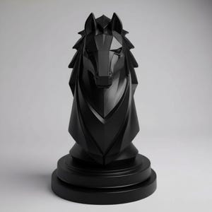 Puede incluir: Una pieza de ajedrez negra con diseño geométrico. El caballo tiene forma de cabeza de caballo, con ángulos agudos y una melena detallada. La pieza se asienta sobre una base redonda y escalonada.