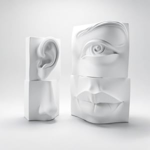 May include: White, geometric sculptures of facial features. The sculptures include an ear, a nose, an eye, and a mouth. The sculptures are stacked on top of each other, creating a unique and artistic display.