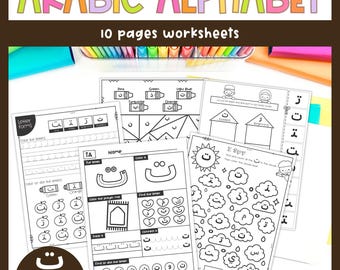 Puede incluir: Un conjunto de hojas de trabajo del alfabeto árabe. El título "ARABIC ALPHABET" se muestra en letras coloridas. Las hojas de trabajo incluyen actividades de trazado, coloreado y emparejamiento. El texto "10 pages worksheets" también es visible.