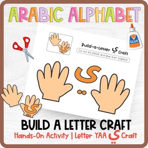 May include: An Arabic alphabet educational craft sheet featuring the letter Yaa. The page includes illustrations of hands, the orange letter Yaa, two dots, a glue bottle, and scissors. Text reads ARABIC ALPHABET, Build-a-Letter Yaa Craft, and BUILD A LETTER CRAFT.