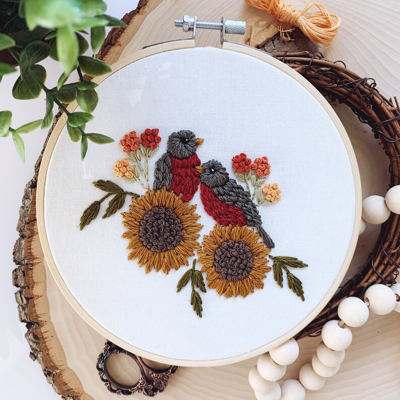 Robin Embroidery Pattern Robins and Sunflowers Embroidery Pattern Fall Hand - Etsy