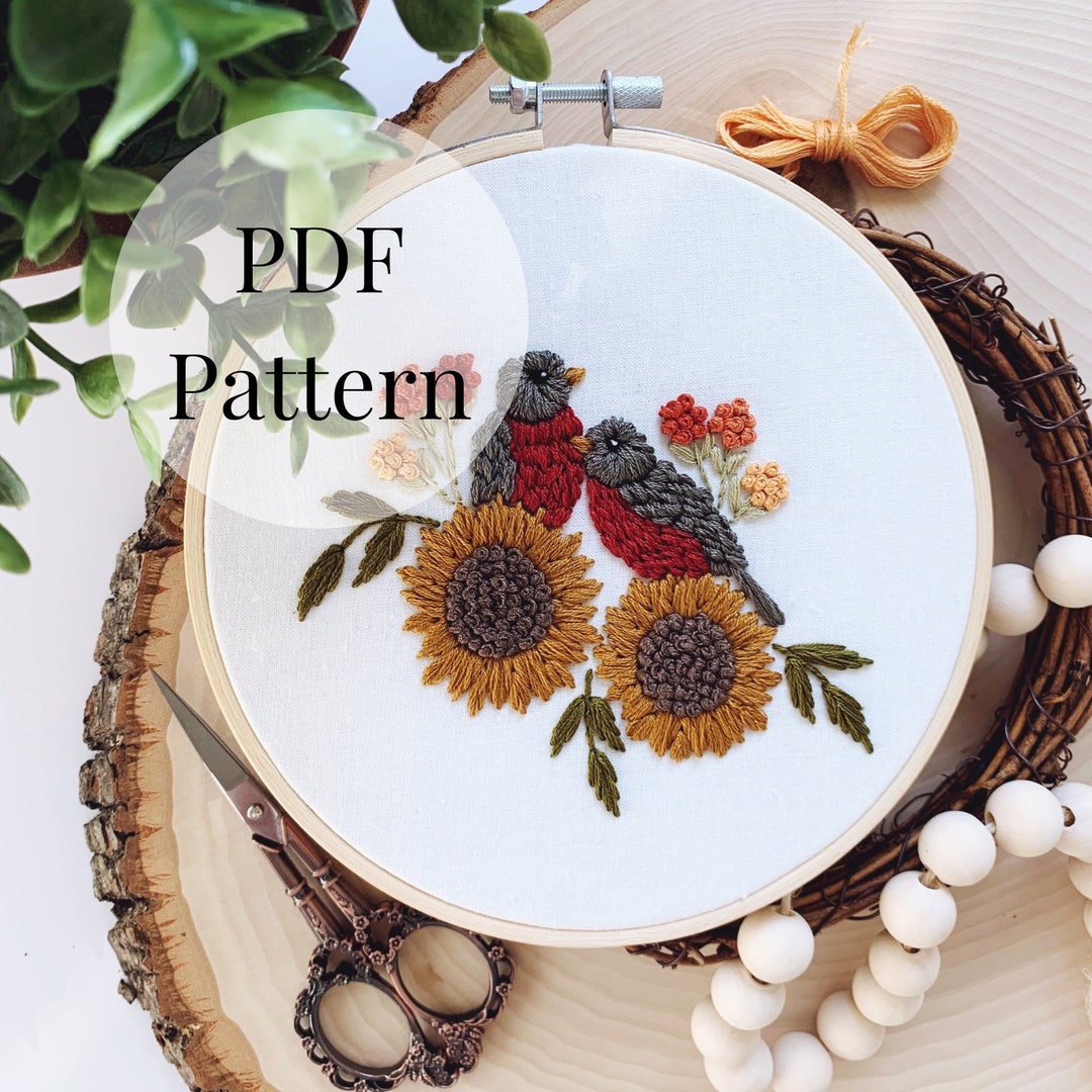 Robin Embroidery Pattern Robins and Sunflowers Embroidery Pattern | Fall Hand Embroidery | Fall ...