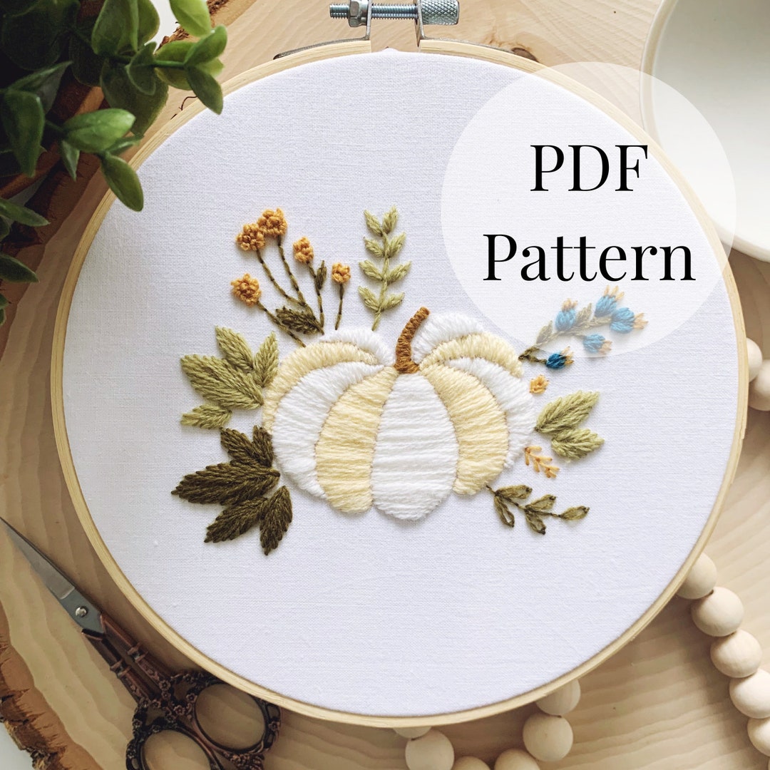 White Pumpkin Crewel Yarn Embroidery Pattern | Fall Hand Embroidery ...