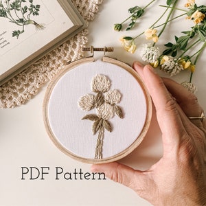 May include: A close-up of a hand holding a white embroidery hoop with a brown wooden frame. The hoop contains a hand-stitched design of a cluster of white clover flowers with green stems and leaves. The text "PDF Pattern" is printed below the hoop.