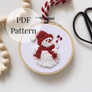 ふわふわ雪だるま初心者向けクリスマスPDF刺繍パターン | 雪だるま飾り刺繍装飾