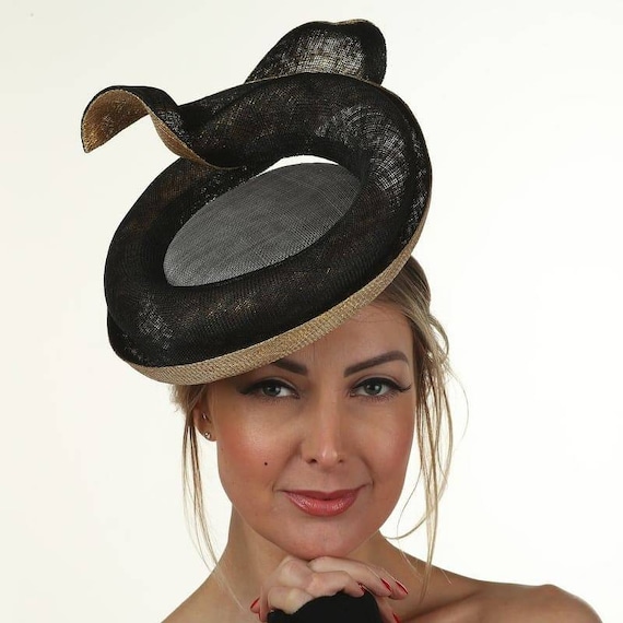 Couture Sinamay Fascinator Hat: Black & Gold Tea Party  display picture 1