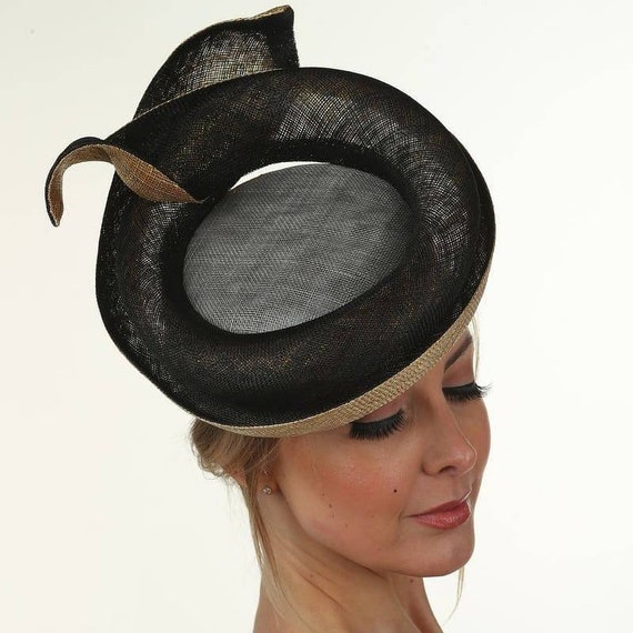 Couture Sinamay Fascinator Hat: Black & Gold Tea Party  display picture 3