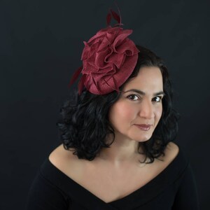 Burgundy Sinamay Button Fascinator: Couture Mini Hat