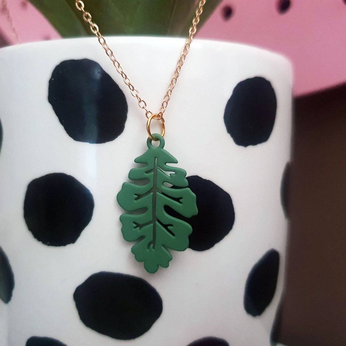 Green Leaf Charm Necklace Brass Goldtone Chain Etsy UK