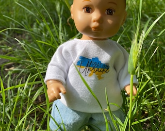 Caring for baby 8 inch_pray for Ukraine_t-shirt with Ukrainian print_ Jeans and a T-shirt for an AG 8 inch doll_ Sunflower on a T-shirt_