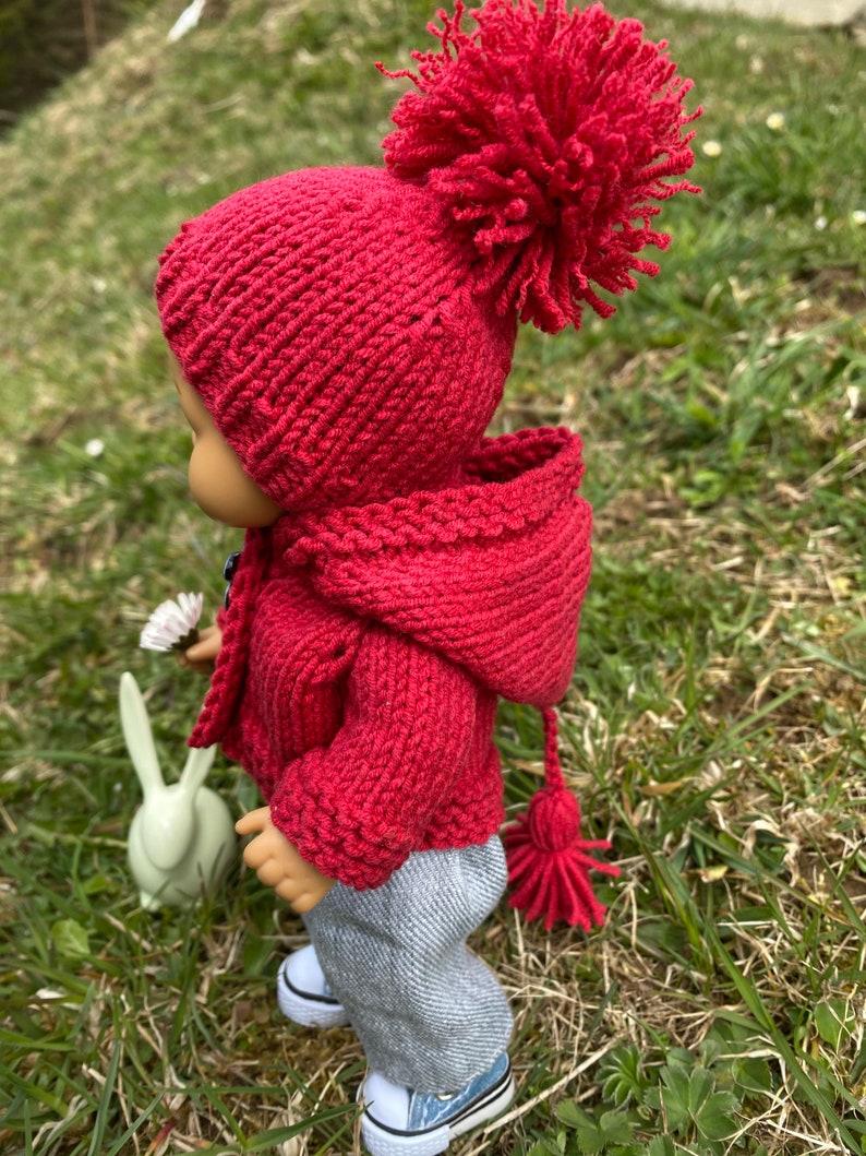 May include: A red knitted hooded sweater with a pom-pom on the hood and a matching pom-pom on the end of the zipper pull. The sweater is worn by a doll.