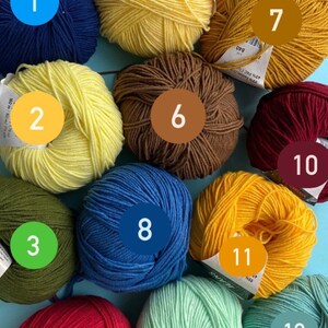 May include: Twelve balls of yarn in various colors, including yellow, blue, green, red, brown, and orange. The balls are numbered 1 through 12.