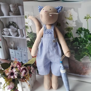Tilda cats with names on overalls_cotton cats_tilda doll_eco toys_soft toys_cats in clothes_tilda_a gift for mother&#39;s day_gift_cat_tildacat