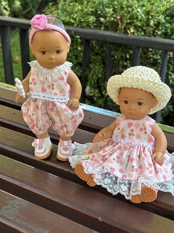Pink jumpsuit for an 8-inch doll_Pink dress with a fluffy frill for a small 8-inch doll_Set for AG twins_Care for Baby 8 in