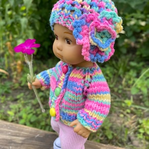 Bright summer set of sweatshirt +hat for little AG 8 inches_ Buttoned sweatshirt and hat with a flower_Bound sweater and hat_caring for baby