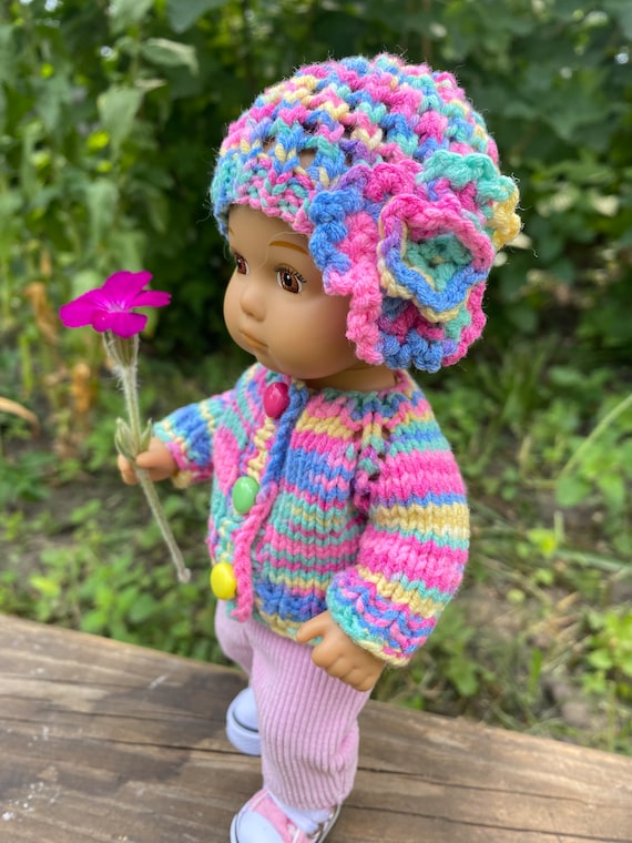 Bright summer set of sweatshirt +hat for little AG 8 inches_ Buttoned sweatshirt and hat with a flower_Bound sweater and hat_caring for baby