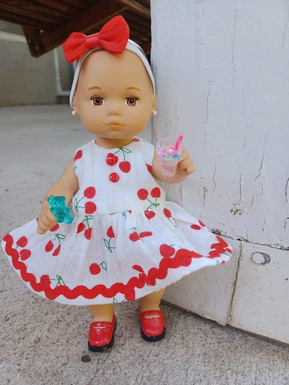Cream bud dress for AG doll 8 inches_ cherry print dress for little AG_caring for baby AG_ Clothes for an 8 inch doll_