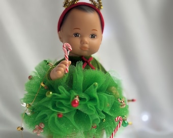 New Year's costume for an 8-inch doll_Christmas tree costume for a small 8-inch doll_green tulle dress for Christmas_Star tights dress for 8
