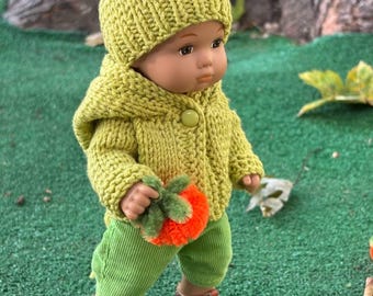 Cardigan and hat for an 8-inch doll AG_set knitted from green yarn for a small doll_cardigan_hat_pants_AG 8 inches_Green hooded sweatshirt