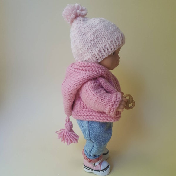 Pflege für Baby_Jacke für kleine Puppe_AG 20 cm_Strickjacke mit Kapuze_Puppenkleidung_Strickjacken für Puppen 20 cm