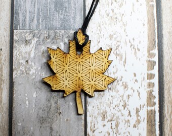 Geometric Leaf Necklace - Wooden laser engraved | laser cut natural necklace pendant with jute twine strap | nature lover unisex gifts