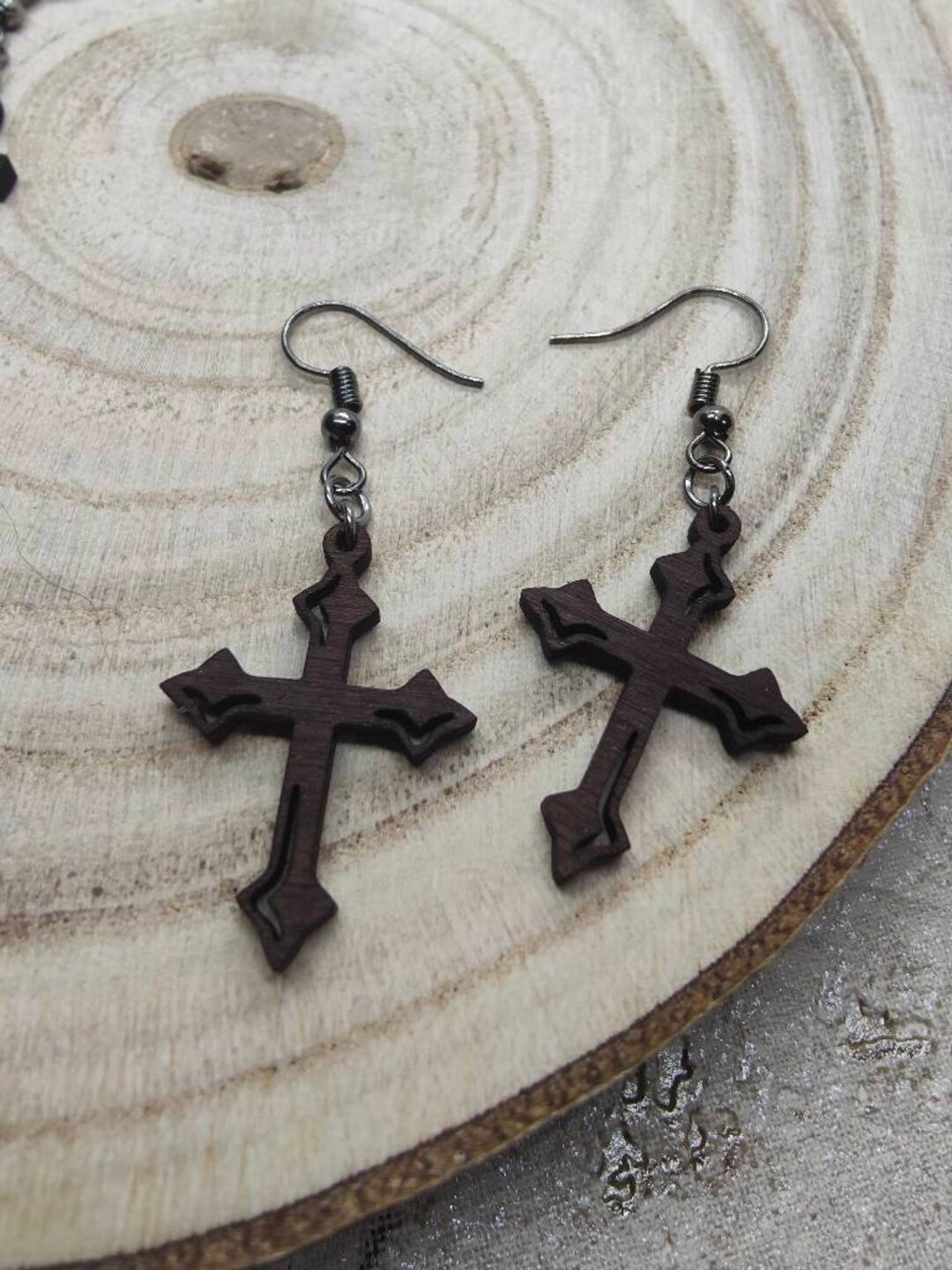 Fleury Cross Earrings, Wooden Dangle Hook Earrings, Walnut Wood Cross
