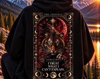Sudadera con capucha Celestial Tiger Tarot: Luna gótica, estrellas, oro antiguo (talla unisex extragrande)