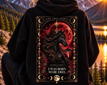 Sudadera con capucha Black Horse Tarot: Arte gótico celestial, diseño de espíritu libre (talla extragrande unisex)