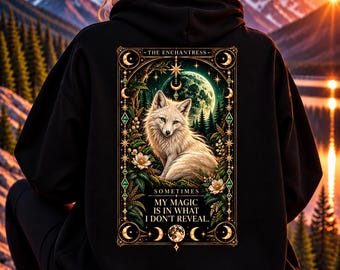 Sudadera con capucha de tarot Enchantress Fox, arte del bosque lunar celestial, estilo gótico urbano.