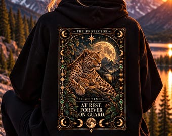 Sudadera con capucha Leopard Tarot: Luna Protectora, Sudadera Gótica Celestial (Talla extragrande)