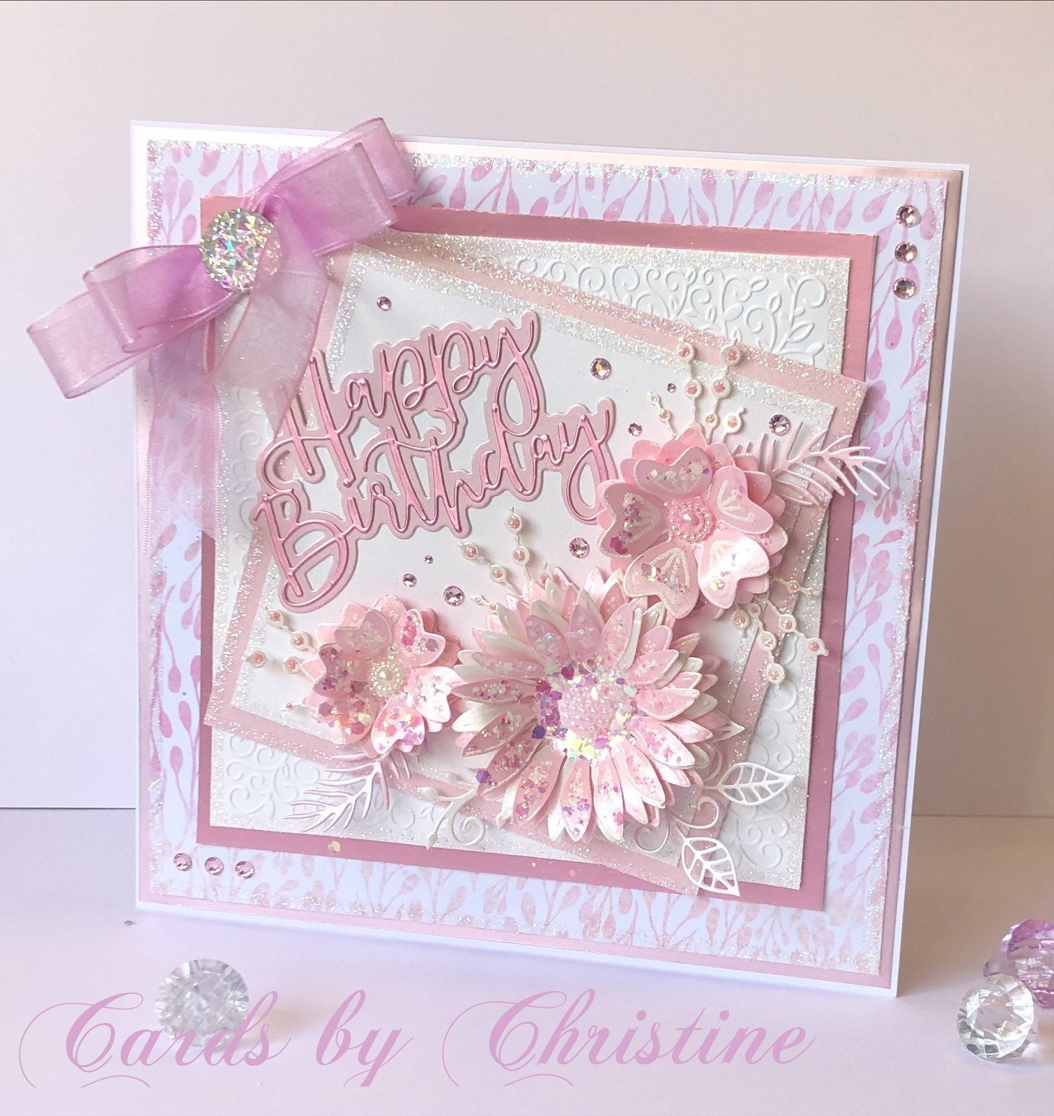 Luxury boxed handmade Birthday card in shades of pink. Etsy