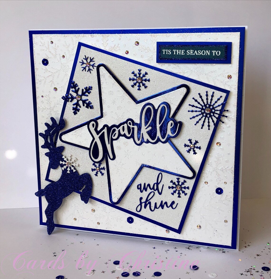 Glamorous handmade Christmas card in white and navy. Etsy