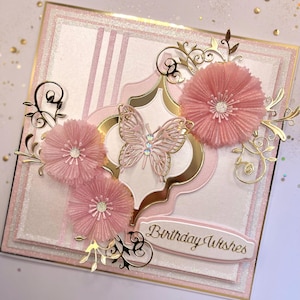 Boxed Handcrafted Bespoke Rose Pink and White Birthday Card with Gold Accents